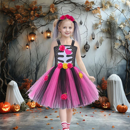 Halloween Kinder Kleid Cosplay Herz druck Skelett Kostüme Mädchen Blumen Schädel Tutu Kleidung Kinder Karneval Leistung Outfits