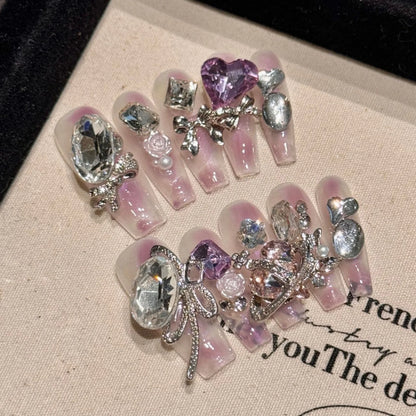 10pcs Handmade Autumn Press On Nails Mid-length Ladder Gold Foil Flower Tips Fake Nail White French Style False Nail For Women.