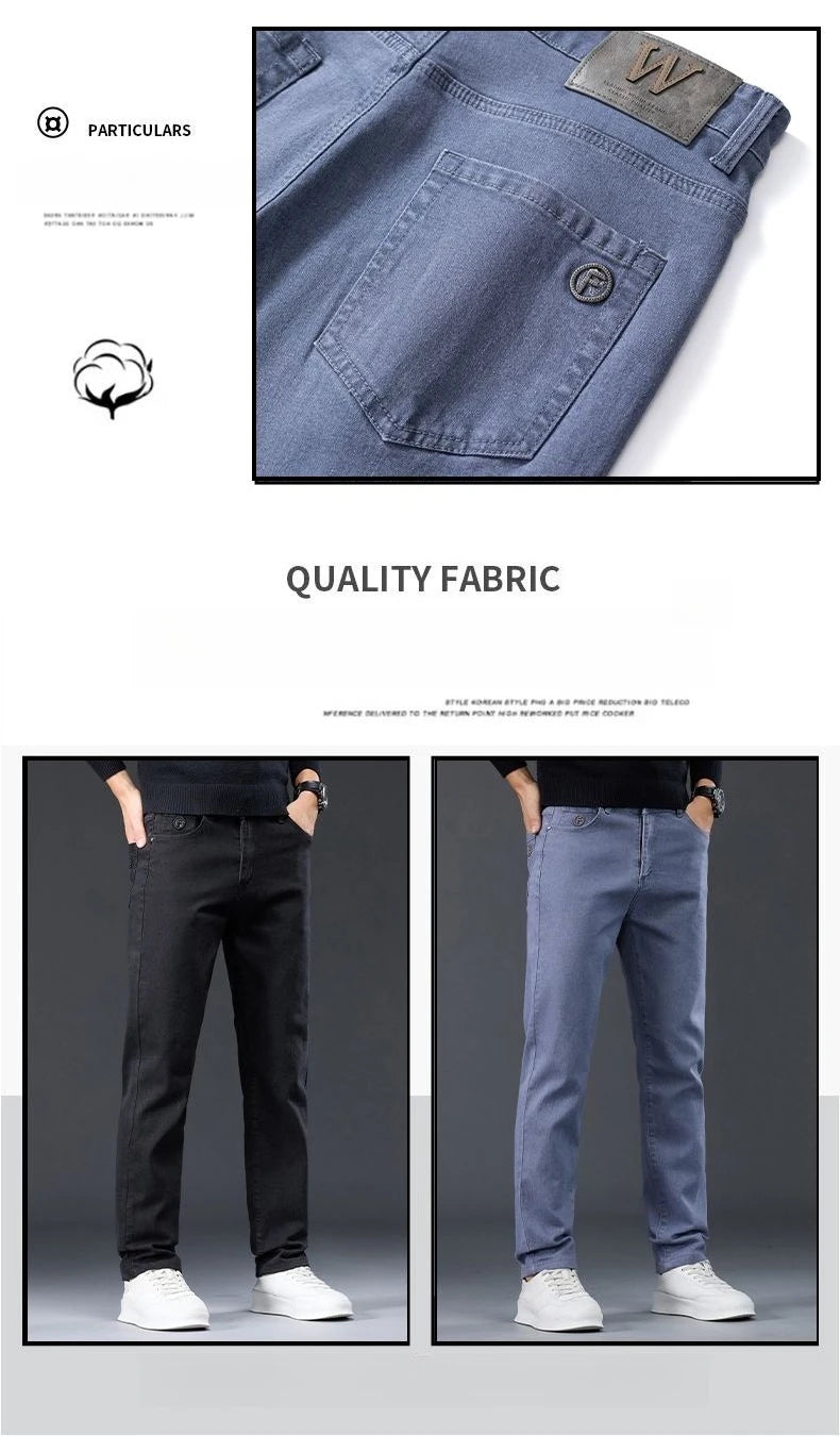 Male Brand Jeans Clothing Light Luxury Stretch Looes Fit Pants Comfortable Soft Business Fashion Straight Casual Denim Trousers.