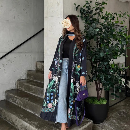 2025 Elegant Dubai Floral Print with Hijab Kimono Abaya Dress Luxury Saudi Arabia Muslim Women Islamic Middle East Turkey Robe.