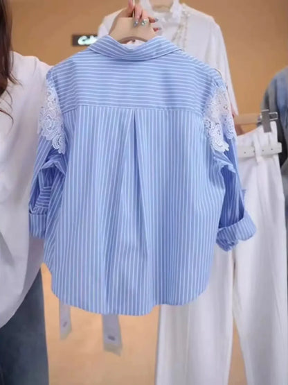Lace Hook Splicing Polo Neck Striped Women Shirt Spring New Loose Jacket Top.