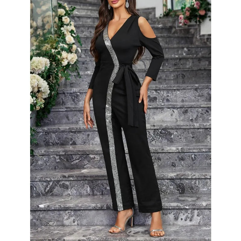 2025 Elegant Spring Summer Women Corset Jumpsuit Overalls Sexy Long Sleeve V Neck Sequins Straight Trousers Romper Onepieces.
