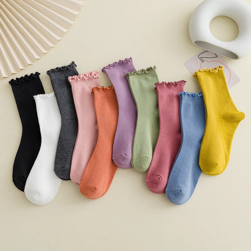 5 Pairs of Women's Solid Color Cotton Socks Japanese Style Ruffle Stacked Socks Cute Laciness Women's Long Socks.