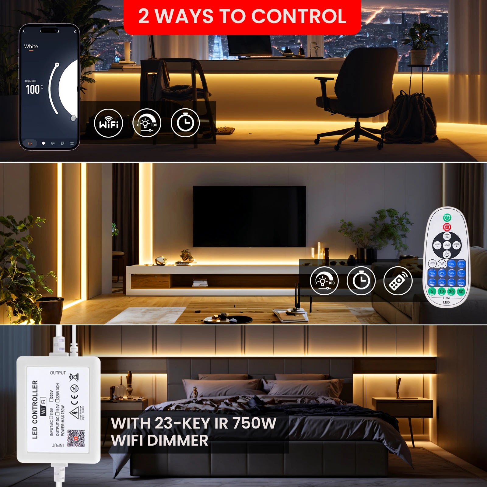 COB LED Strip Dimmable 220V 288LEDs/m Wall Touch Wifi Bluetooth Remote Control Power Kit Waterproof Silicone Tube Adhesive Tape.