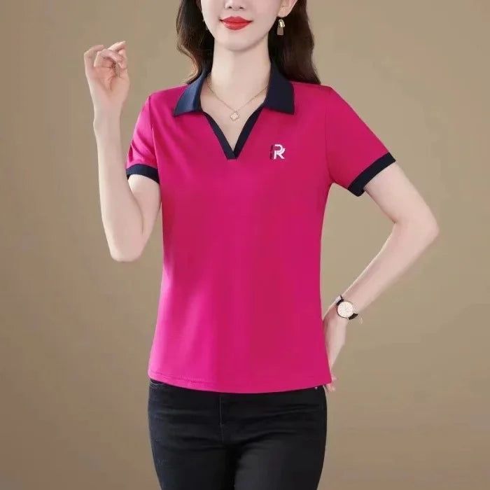 Loose Fit Polo Shirt Short Sleeve Turn-down Collar T-shirt for Middle-aged Mothers Summer New Style Sport Casual Top plus Size.