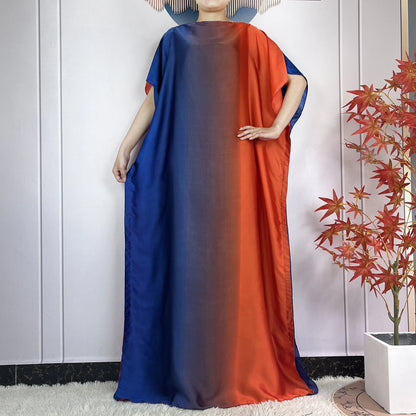 2024 New Dubai Summer Fashion For Women Printed Silk Soft Loose Femme Robe African Islam Maxi Woman Casual Dresses With Turban