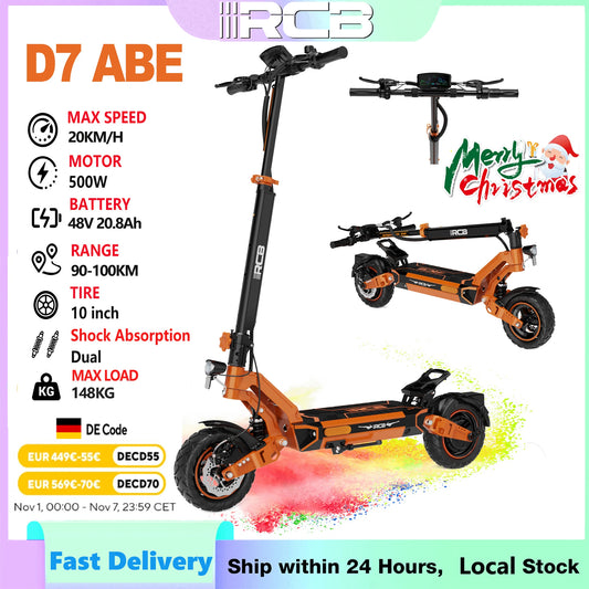 RCB Electric Scooter Adult, D7 ABE,100km Range, 20km/h, 148kg Load - 10" Vacuum Tire, Dual Disc Brake, Waterproof  3-Speed Modes.