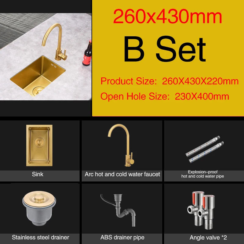 Rose Gold Kitchen Sink Nanometer Technology Gold 4mm thickness 304 Stainless Steel Manual Sink Single Bar Counter Kitchen Sink