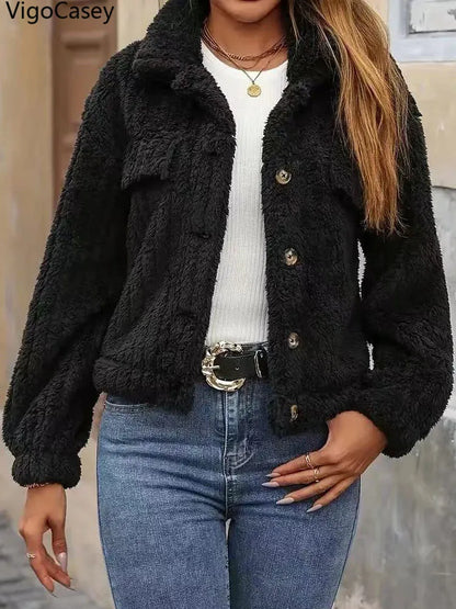 VigoCasey 2025, Herbst Winter Frauen Schwarze Jacke Einreiher Langarm Dicken Plüsch Warme Mantel Solide Dame Beiläufige Kurze Mantel
