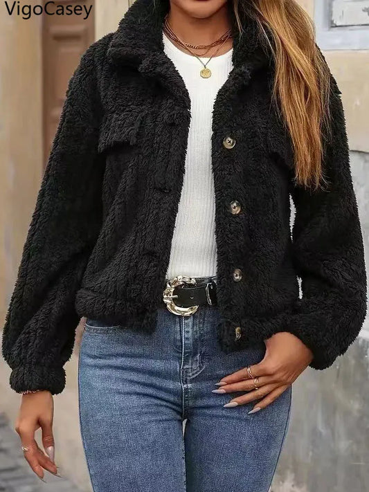 VigoCasey 2025, Herbst Winter Frauen Schwarze Jacke Einreiher Langarm Dicken Plüsch Warme Mantel Solide Dame Beiläufige Kurze Mantel