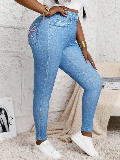 Plus Size High Waisted Skinny Jeans Faux Denim Printed Stretch Leggings Distressed Effect Women's Comfortable Fit Stretchy Pants.