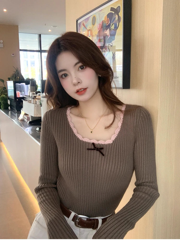 HOUZHOU Vintage Elegante Kokette Gestrickte Pullover Frauen Koreanischen Stil Cuteore Sexy Bogen Patchwork Quadrat Kragen Dünne Strickjacke 2025.