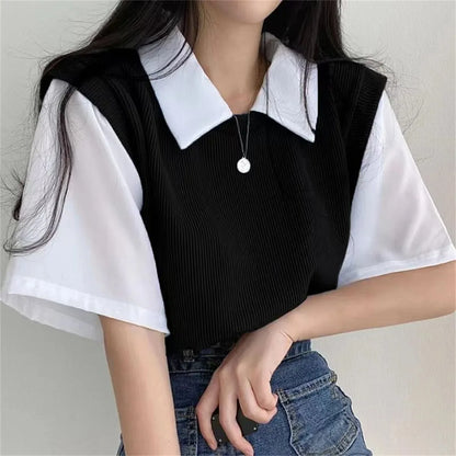 Summer Blouse Women Korean Style False Two-piece Polo Collar Blouses Y2k Tops Streetwear Loose Youth Pullovers Elegant Shirt.