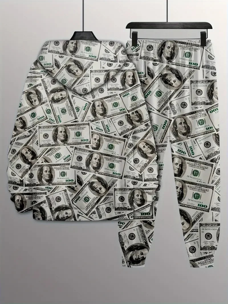 Dollar Pattern Printed Top Two Piece Men's Hooded Sweatshirt Banknote Printed Casual Hoodie Casual Fashion Sweatpants.