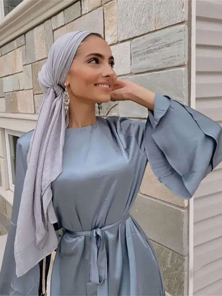 Ramadan Eid Gray Satin Abaya Damen Dubai Islam Muslim Women Dresses Kebaya Kaftan Robe Vestidos Musulmanes Caftan Marocain Femme.