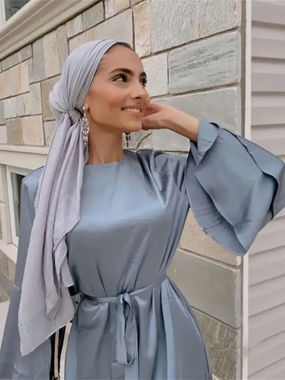 Ramadan Eid Gray Satin Abaya Damen Dubai Islam Muslim Women Dresses Kebaya Kaftan Robe Vestidos Musulmanes Caftan Marocain Femme.