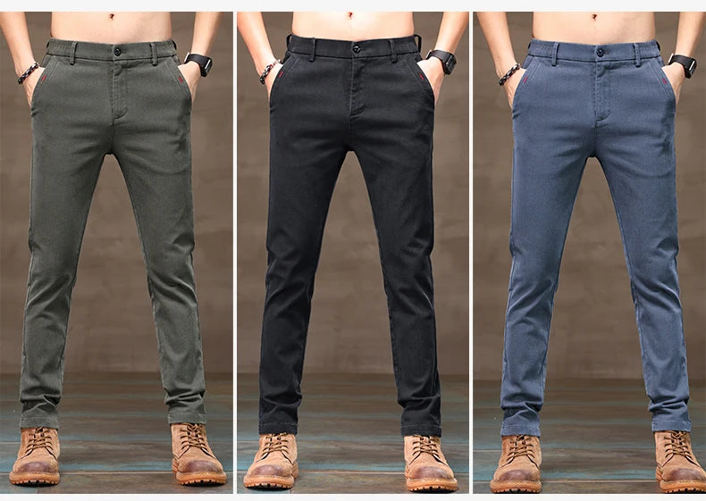 Men's Business Casual Pants Stretch Slim Fit Straight Semi-elastic Waist Trousers Solid Classic Office Work Male Clothing.