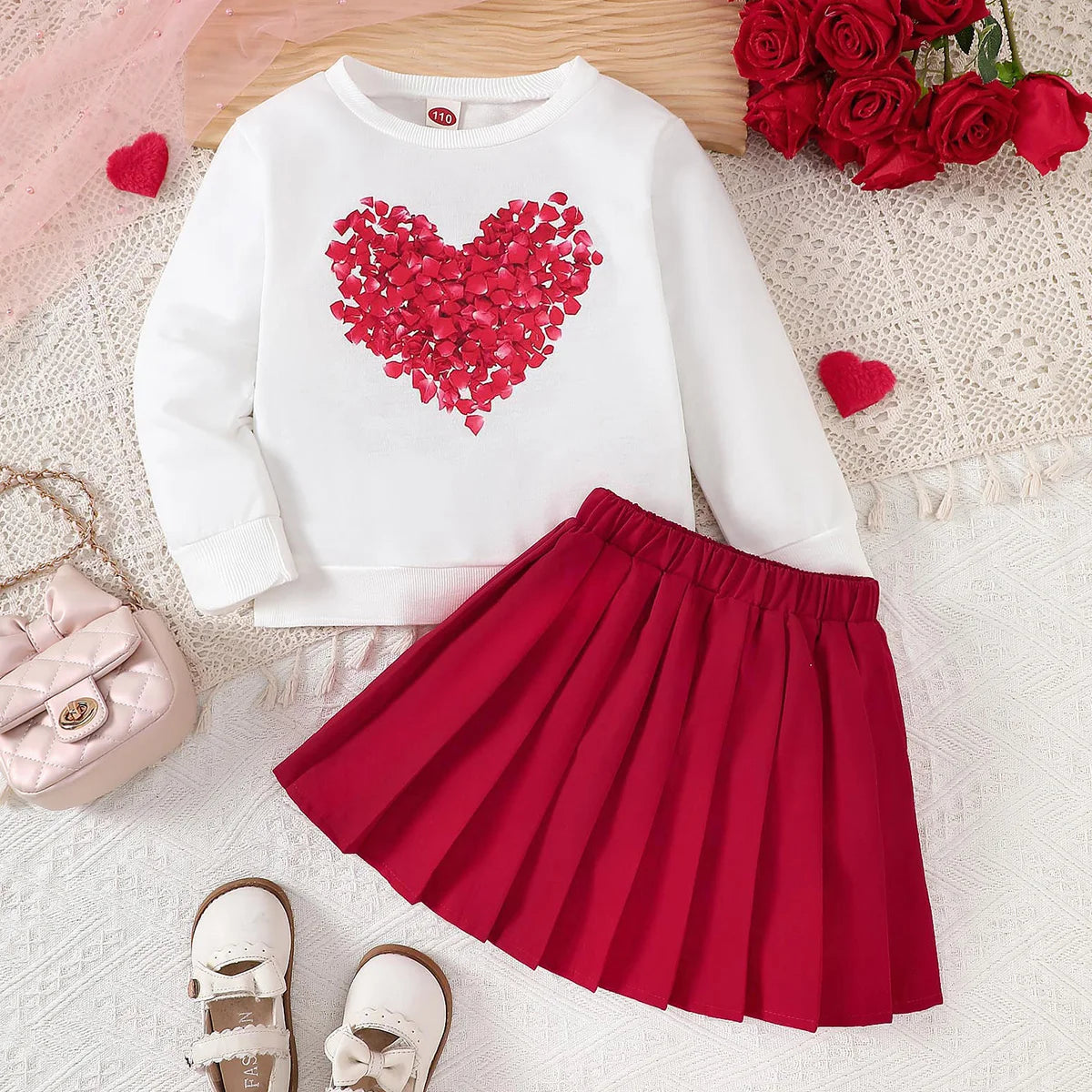 Spring 3-10y Kids Girls Clothes Heart Printing Tops Pleated Skirt 2pcs Sets Children's Outdoor Daily Wear Valentine's Day Gift.