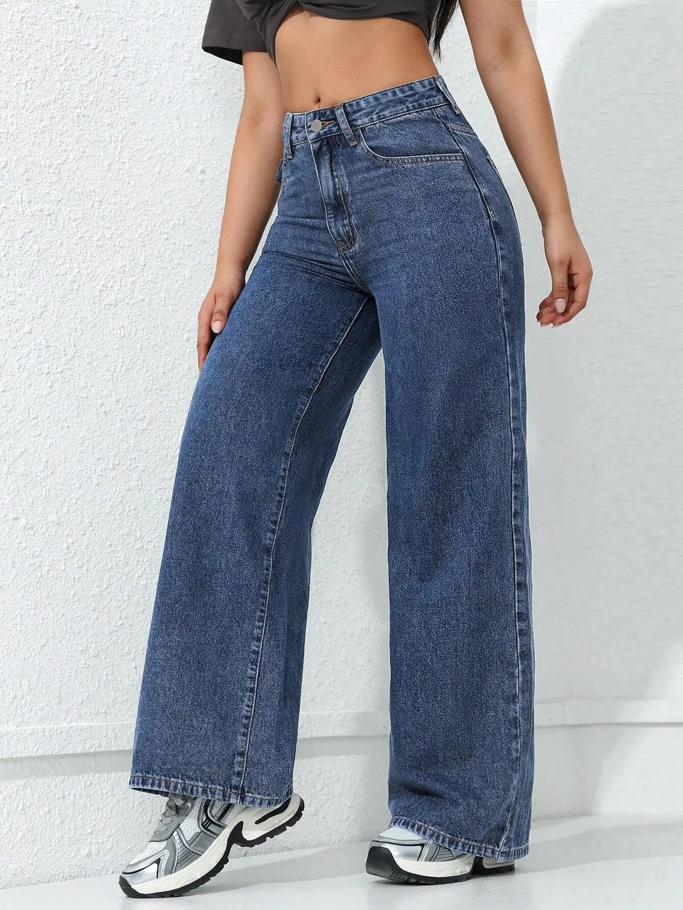 Retro Loose Wide Leg Jeans Fashion Women Solid Straight Wash High Elastic Waist Denim Pants Casual Streetwear Pocket Trousers.
