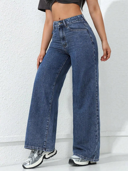 Retro Loose Wide Leg Jeans Fashion Women Solid Straight Wash High Elastic Waist Denim Pants Casual Streetwear Pocket Trousers.