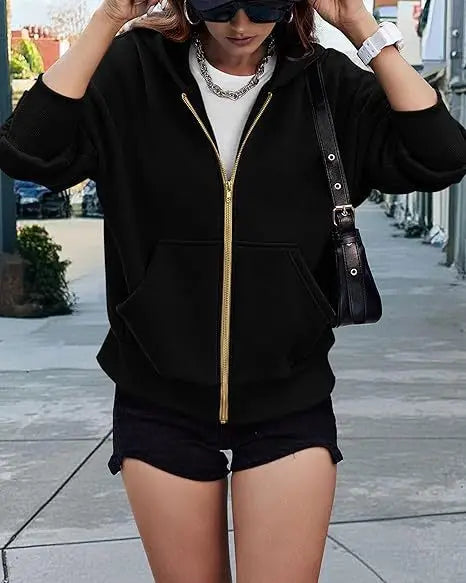 New Solid Color Zipper Splicing Hooded Coat, Women's Autumn Leisure Loose Sports Hooded Long Sleeve Coat Sweatshirt..