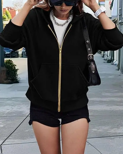 New Solid Color Zipper Splicing Hooded Coat, Women's Autumn Leisure Loose Sports Hooded Long Sleeve Coat Sweatshirt..