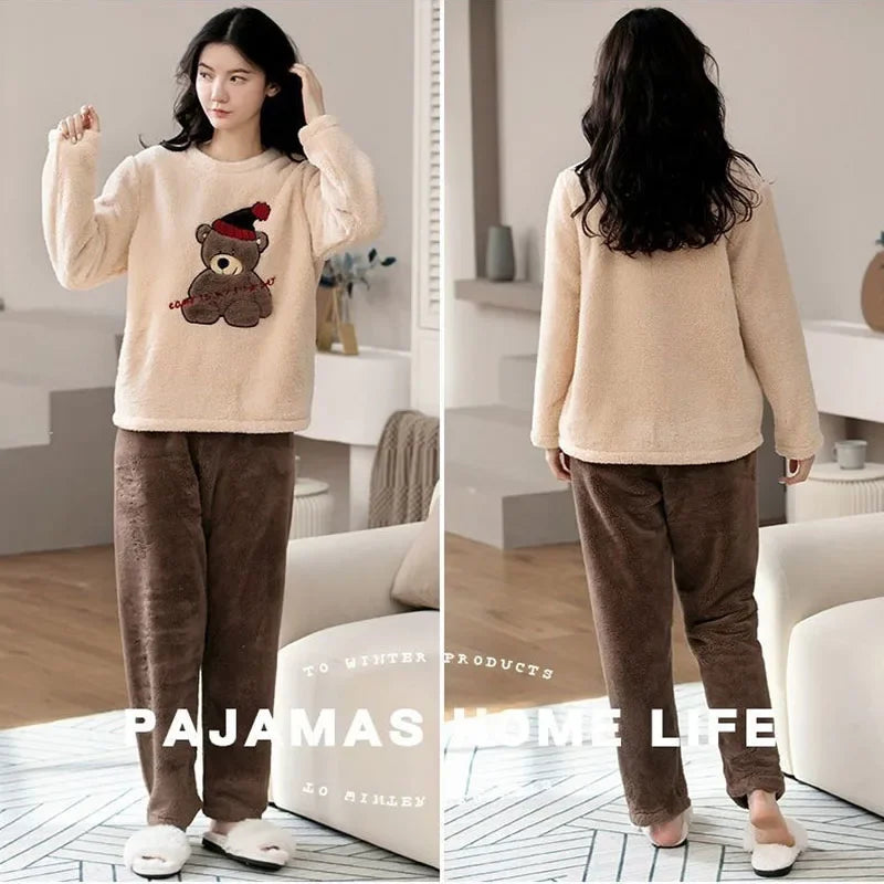 Thickened Warm Large Size Padded Fall and Winter Women's Pajamas Top and Pants Set Coral Velvet Ladies Cartoon Bear 2PCS/Set.