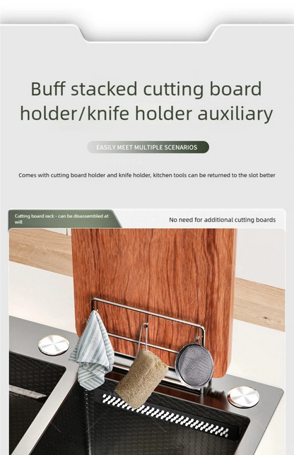 Waterfall Kitchen Sink Stainless Steel Large Double Slot With Chopping Board Rack Knife Holder Multifunctional Dishwash Basin