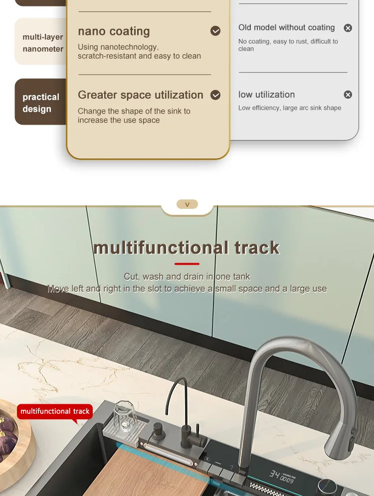 Edelstahl-Küchenspüle mit Wasserfall-Wasserhahn, integrierte Digitalanzeige, geprägtes Waschbecken für die Küche