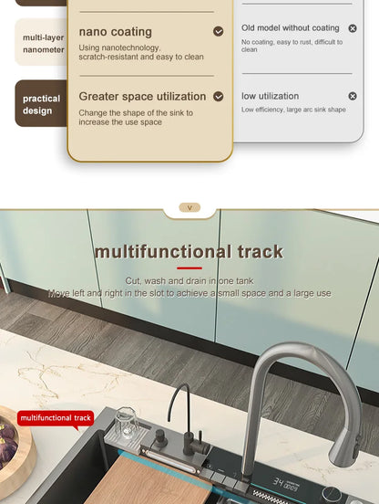 Edelstahl-Küchenspüle mit Wasserfall-Wasserhahn, integrierte Digitalanzeige, geprägtes Waschbecken für die Küche
