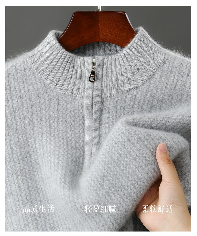 Men's 100% Merino Wool Thicken Sweater Half Zipper Mock Collar Pullover Autumn Winter Cashmere Knitwear Business Casual Clothing