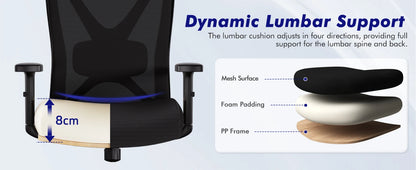 AUTHMIC Ergonomischer Bürostuhl, verstellbare Netzrückenlehne, Lordosenstütze, drehbarer Computer-Schreibtischstuhl für Zuhause, Büro, Arbeit, Gaming