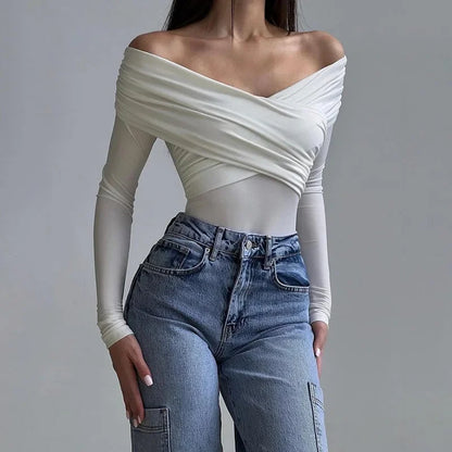 Elegant Sexy Off Shoulder Bodysuits Women Fashion Crossed Folds Skinny Rompers Long Sleeve Fashion Streetwear Autumn Bodysuits.