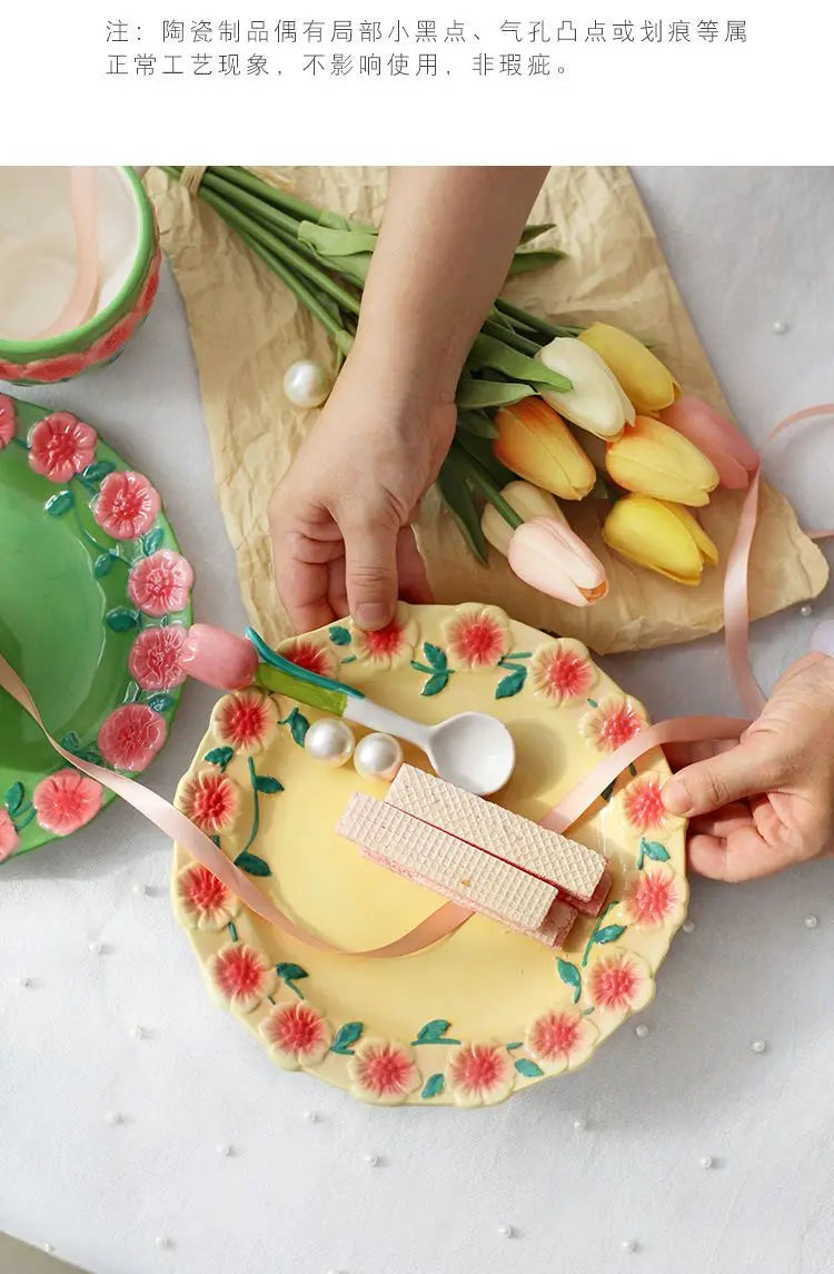 Flower Plate Embossed Small Flower Breakfast Dessert Plate Household Ceramic Plate Under Glaze Colored Hand-painted Tableware.