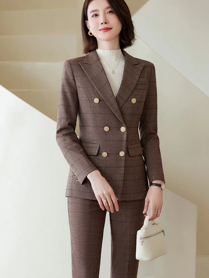 Autumn Winter Red Coffee Blue Black Ladies Pant Suit Women Female Business Work Wear Plaid Jacket and Trouser Blazer 2 Piece Set.