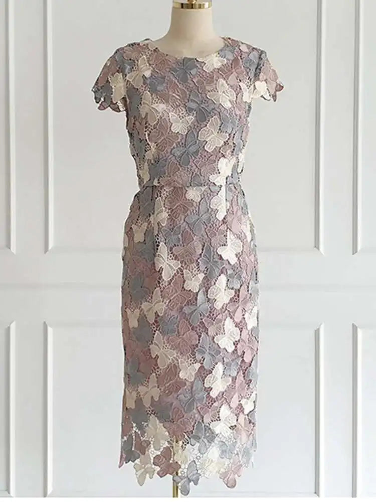 Sommer Stickerei Spitze Schmetterling Kleider Für Frauen Blume Kontrast Farbe Koreanische Mode Büro Party Bodycon Elegante Vestidos.