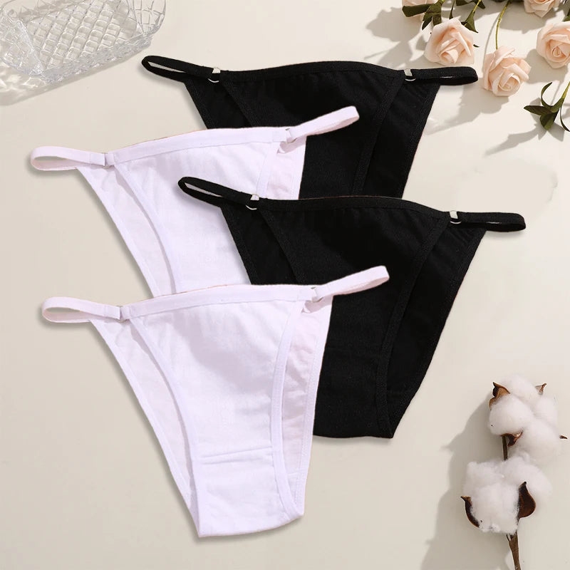 FINETOO 4Pcs Women's Cotton Panties Sexy Metal Ring Waist Underwear Solid Breathable Panties Ladies Soft Briefs Comfort Lingerie.