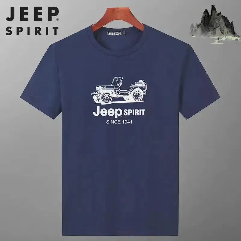 JEEP SPIRIT Mens T-shirt Summer 100%Cotton 230g Heavy Print Sports Breathable Round Neck Top Loose Solid Short Sleeve.