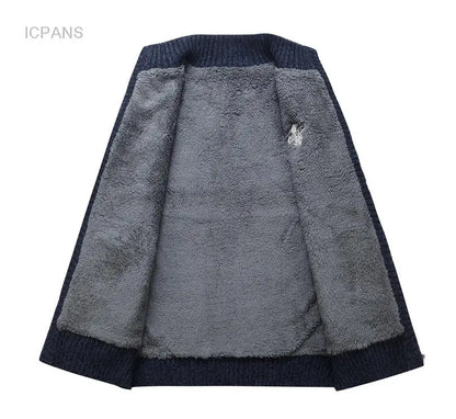 Winter Wool Liner Sweater  Cardigan Man Knit Striped Stand Collar Jacket Outwear Knitted Sweatercoat Men Vintage Clothing.