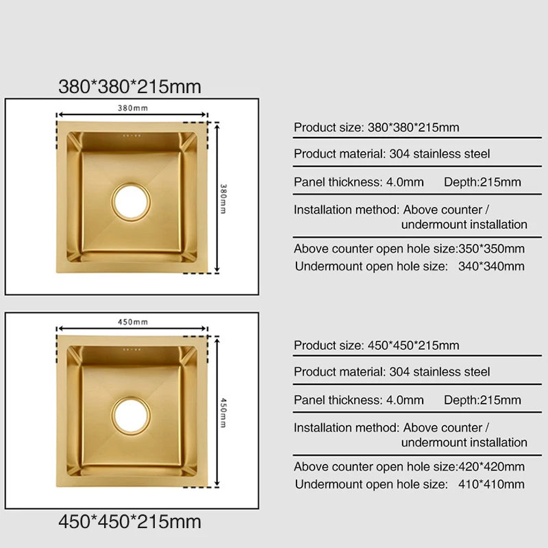 SUS 304 Stainless Steel Luxury Gold Nanometer Island Kitchen Sink Manual Single Bar Counter Mini Kitchen Sinks