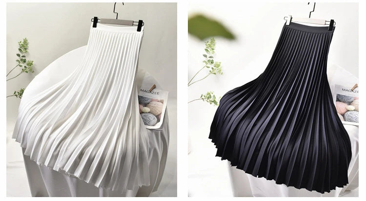 Looks Thin Pleated Skirt 2025 New High Waist A-line Skirt Mid-length Big Size Plaid Skirt Long Pleated Skirt Length 75-90cm.