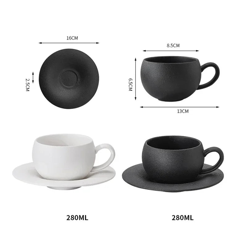 110/280ml Japanese-style Ceramic Mug Black White Fired Stone Coffee Cup and Saucer Set Breakfast Milk Coffee Cup Egg-shaped Mug.