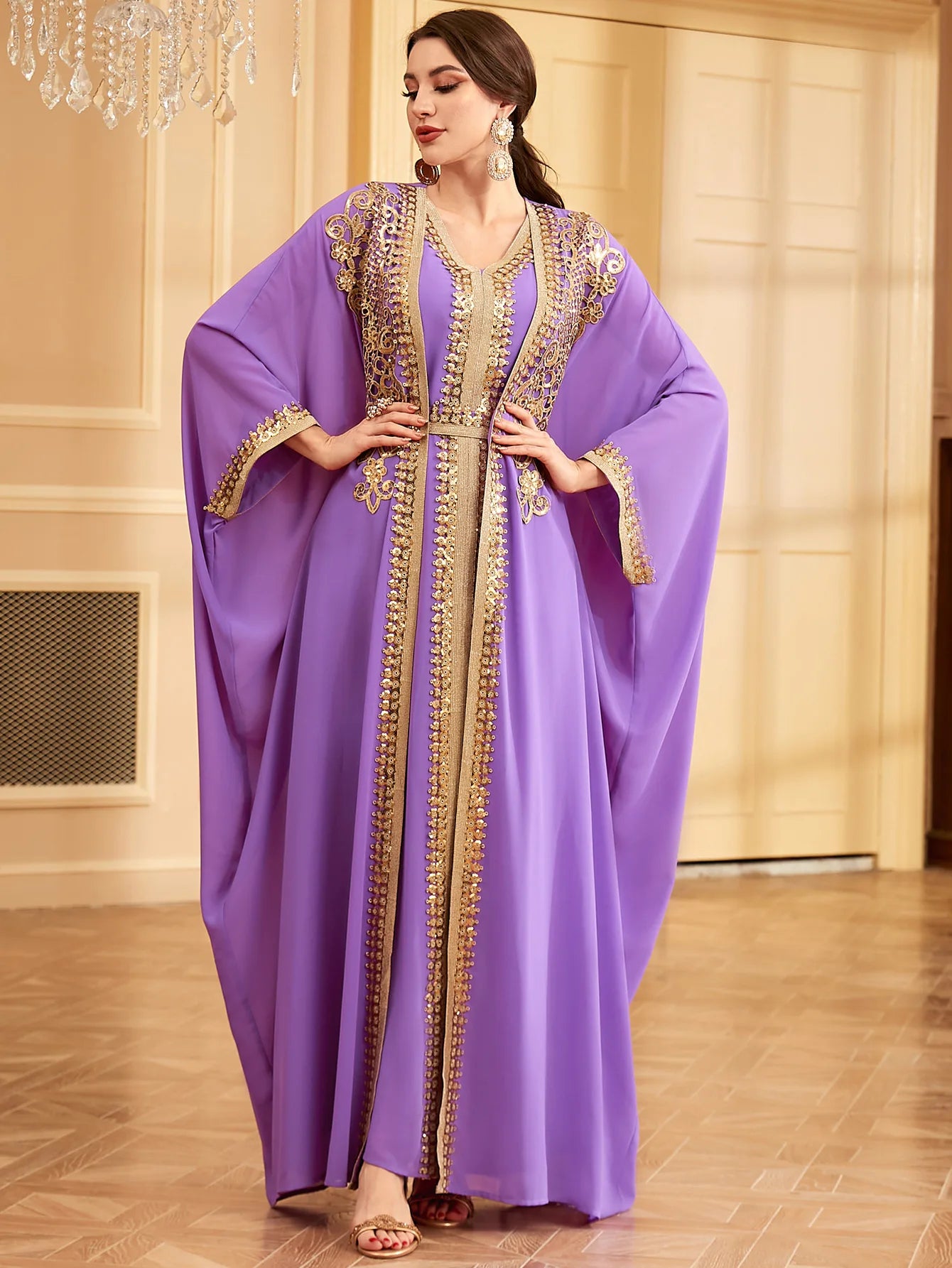 Ramadan Sequins Dubai Abayas Arab Tunics Batwing Sleeve Dresses For Women Gala Two pieces Moroccan Elegant Kebaya