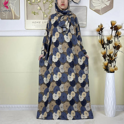 2025 New Muslim Abayas For Women Ramadan Prayer Garment Dubai Middle East Femme Robe Cotton Loose African Dress Turban Attached