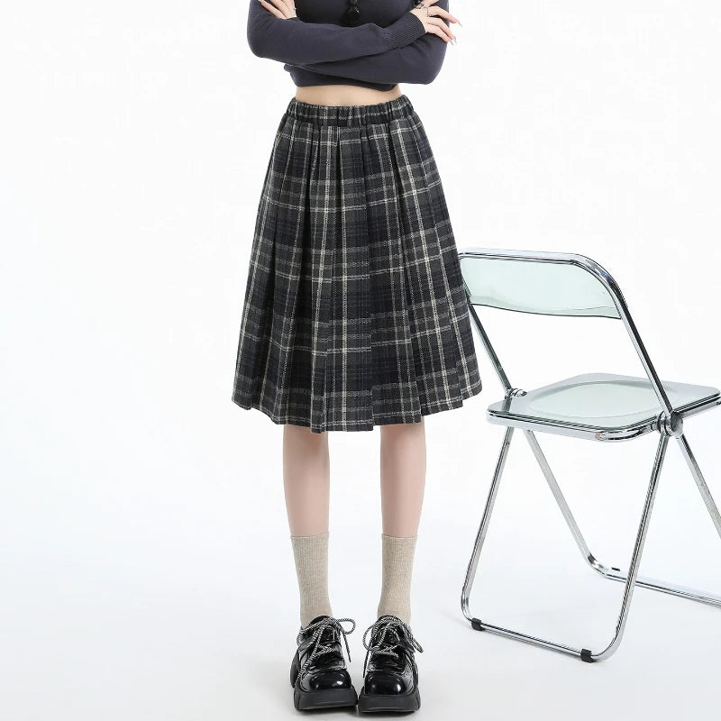Preppy Style Woolen Pleated Plaid Skirt Women Fall Winter Retro Elastic High Waist Skirts Female Japanese A Line Faldas 2025 New.