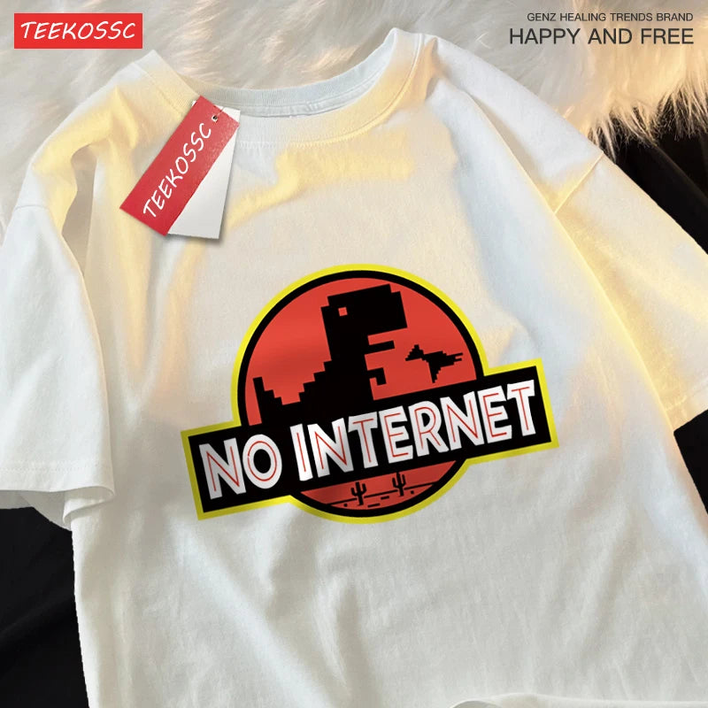 No Internet Fun Little Dinosaur Short Sleeve Mens Cartoons Cotton Tshirt Summer High Quality Clothing Fashion Oversize T-Shirts.