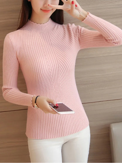 2025 herbst Frauen Mock Neck Rüschen Pullover Langarm Gestrickte Bodenbildung Solide Pullover Streifen Frauen Casual Pullover Winter