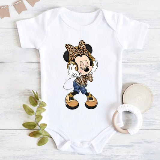 Niedliche Leopard Minnie Maus Disney Newbron Bodys Baby Kleidung Sommer Kurzarm Baumwolle Minnie Kawaii Stram pler Overall