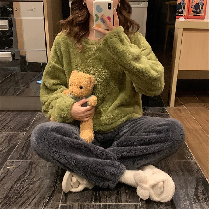 Winter Women Warm Fashion Pajama Sets Sweet   Elegant French Style Girlish Leisure Thicken Flannel Comfort Pajamas