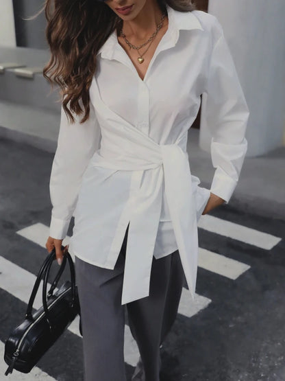 Women's Classic Collar Button-Up Long Sleeve Shirt with Waist-Cinching Belt Elegant Retro Style Adjustable Fit.